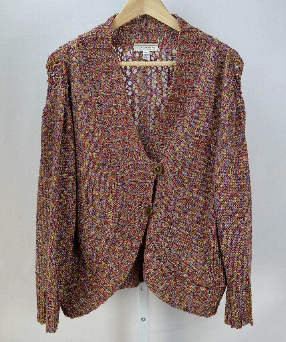 Saint John Sport Multicolor Knit Cardigan Sweater Long Sleeve Size XL